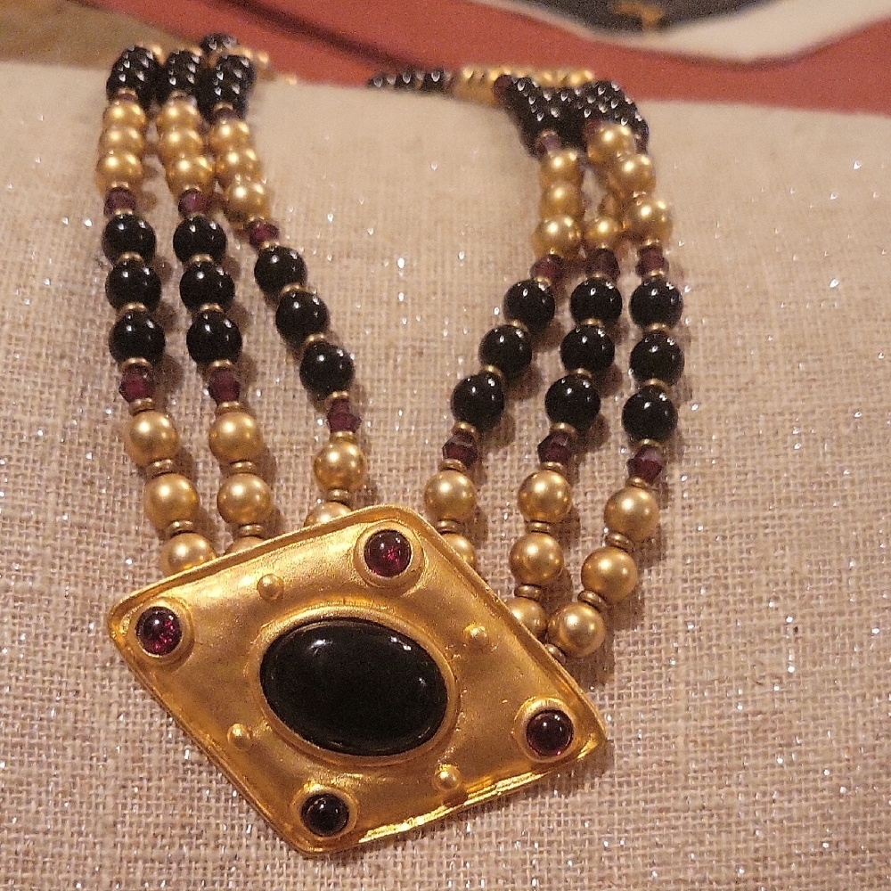 Leslie Block Gold and Black Multi-Strand Necklace with Textured Pendant